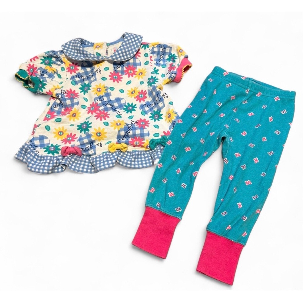 Vintage Gymboree Baby Girls Floral Gingham Outfit Set Infant 2 Piece 90s 12M